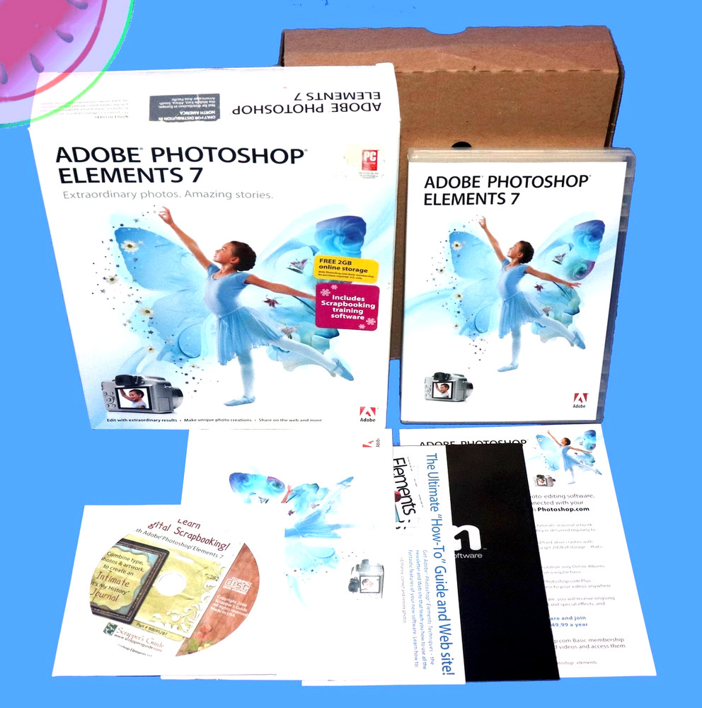 Adobe PHOTOSHOP ELEMENTS 7 w/ Key & Bonus Scrapbook Training Software PC Windows