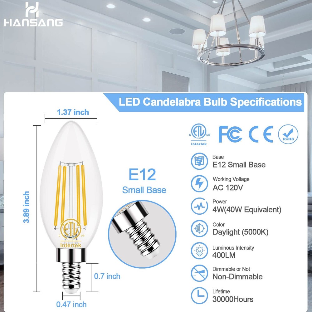 E12 LED Bulb 5000K Bright Daylight, 40W Equivalent Type B Bulbs with Small Can