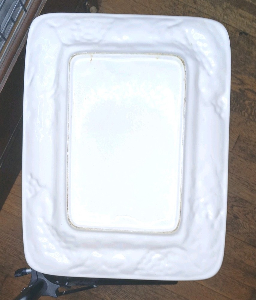 HUGE ANTIQUE / VINTAGE SERVING PLATTER. CERAMIC WHITE GRAPE VINE PERIMETER db.