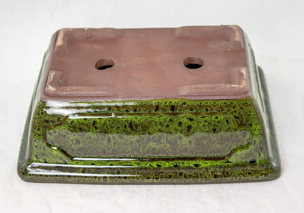 8" Rectangular Moss Green Glazed Bonsai Pot, Cactus & Succulent Planter + Tray +