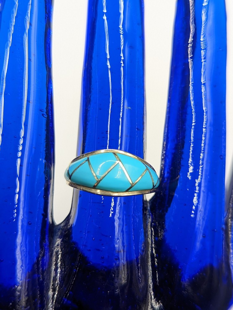 Sterling Silver Signed JJ Turquoise Blue Inlay Zig Zag Ring Size 6
