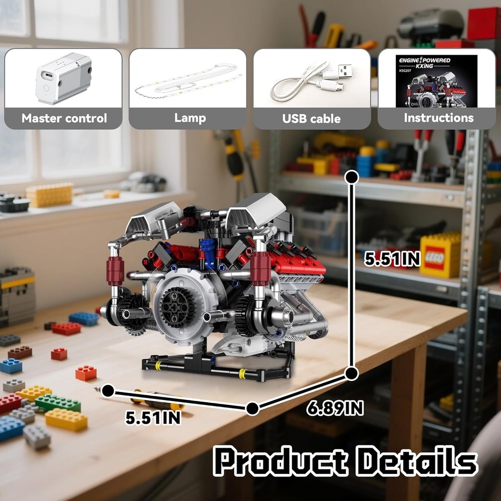 Mini V8 Engine Kits That Works Building Sets, 8-Cylinder Model Technic with Moto