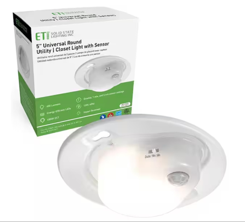 5 In. Motion Sensing Utility Closet Light LED Flush Mount 650 Lumens 7W Bright W