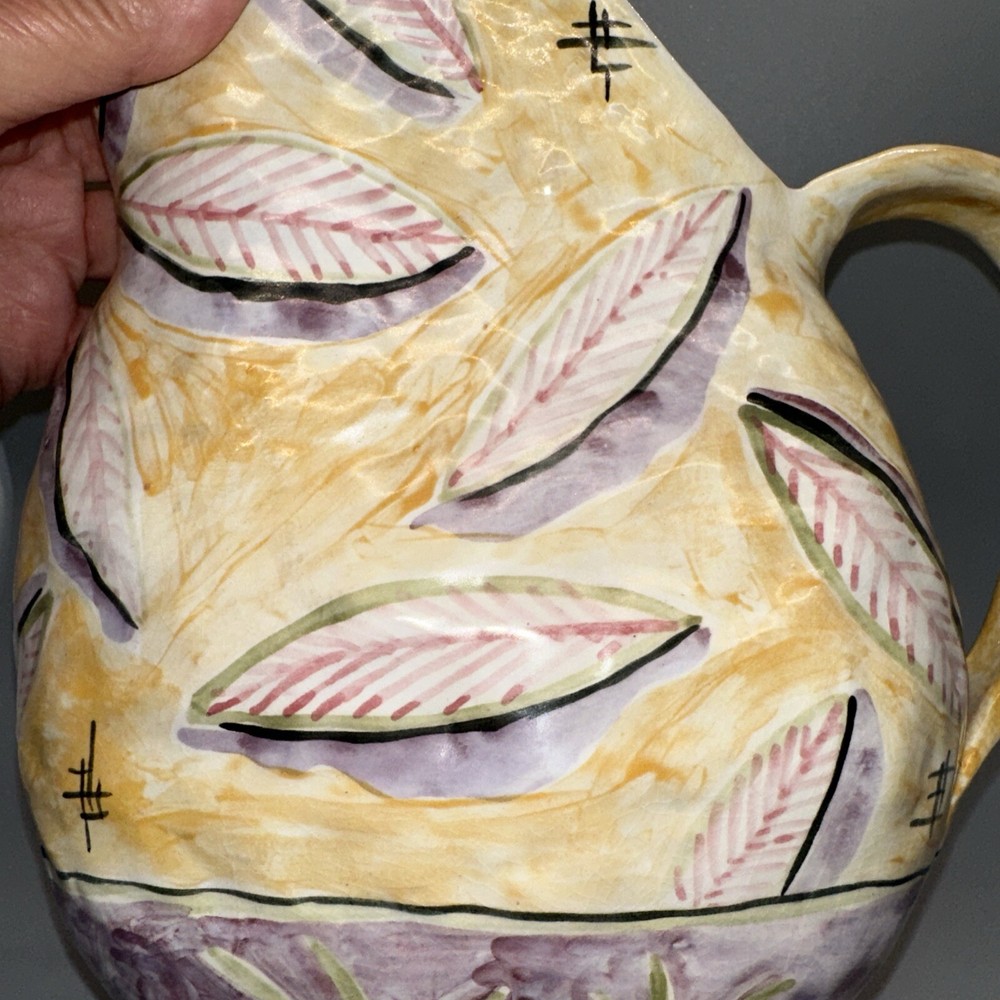 VINTAGE MCM SIGNED ITALIAN? HAND PAINTED POTTERY PITCHER LEAF PATTERN