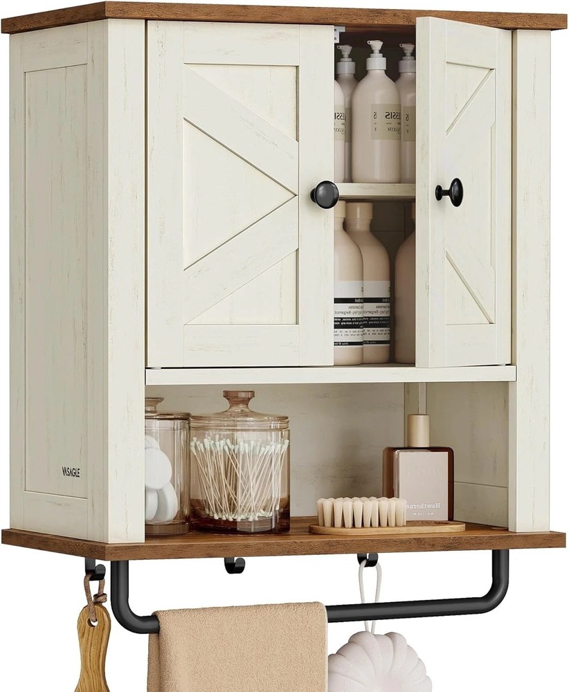 LIRY Rustic White Bathroom Wall Cabinet - 2 Barn Doors, Adjustable Shelf
