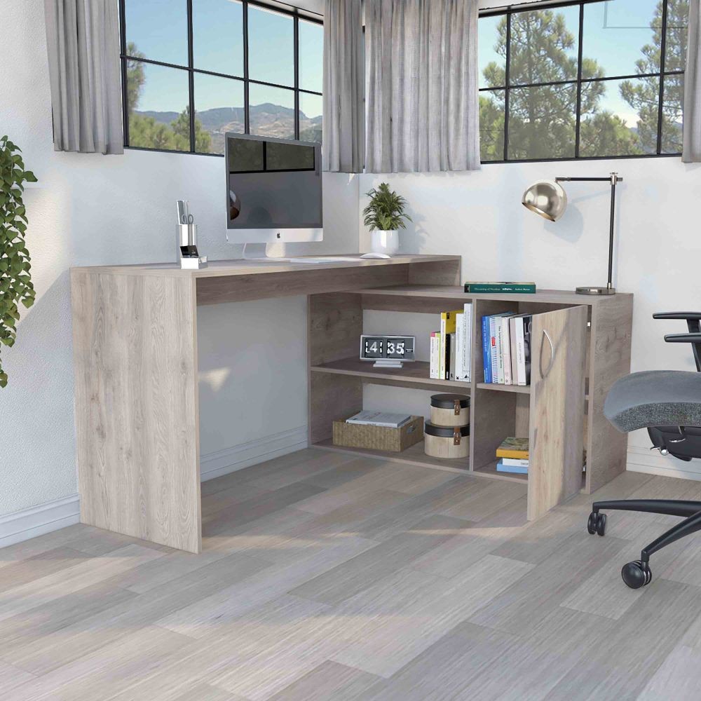 Corner L-Desk w/ Storage - Open & Closed Cabinets - Compact Computer Setup