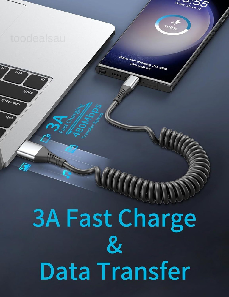 Coiled USB C Cable 2 Pack, 3ft USB to USB-C Cable for Car, Android Auto Coiled..