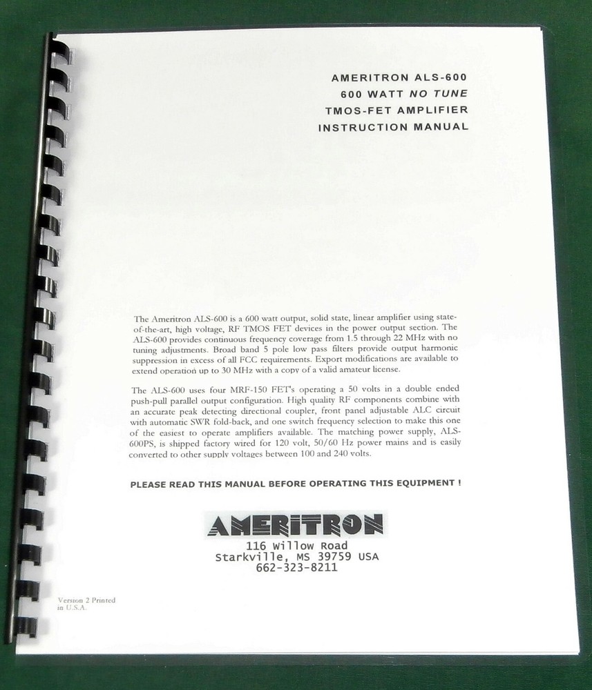 Ameritron ALS-600 Instruction Manual - ring bound with protective covers!