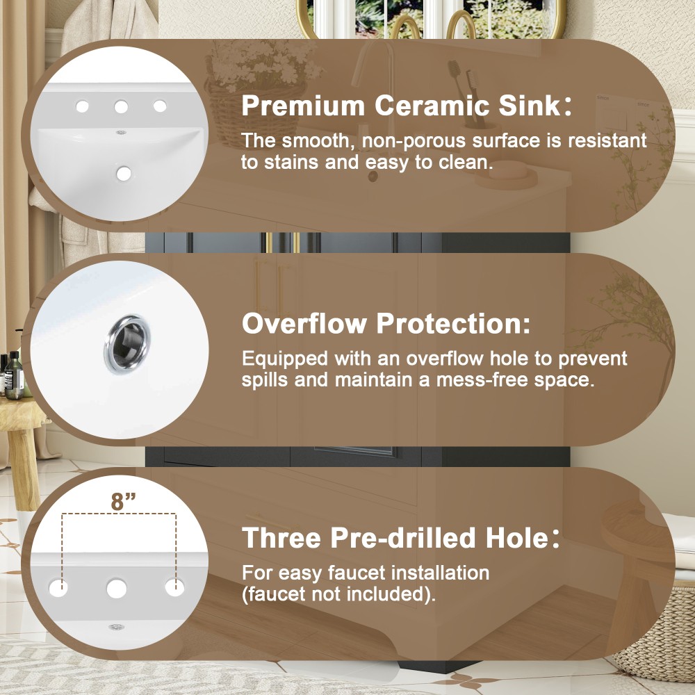 24" Bathroom Vanity w Sink MDF Cabinet with Solid Wood Frame Freestanding Vanity