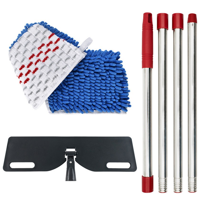 Replacement Cloth Cover Flat Mop with Coarse/Fine Threaded Four-Section Pole Set