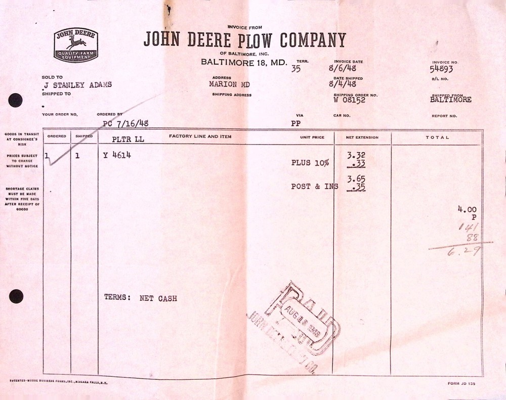 John Deere Plow Company Invoice 1948