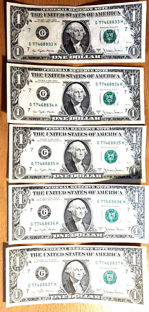 5- 1977A $1 NOTES MISCUT ERRORS CHICAGO BANK SERIAL# IN SEQUENCE 33-37