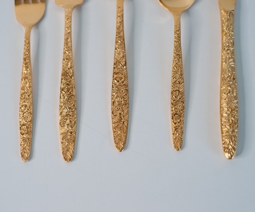 5 Pc 1 Place Setting Gold Electroplatae Flatware Golden Rose Pattern Unbranded