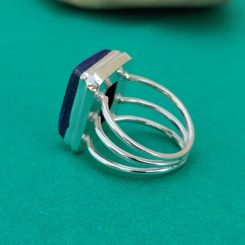 Solid 925 Sterling Silver Natural Lapis Lazuli Square Gemstone Triple Band Ring