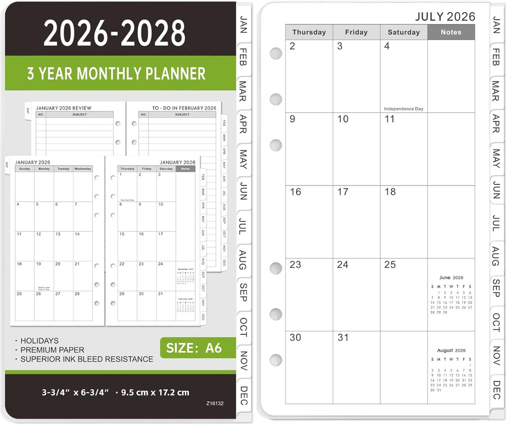 2026-2028 Monthly Planner Refill - A6 Size, Planner Inserts with 6-Hole Punch...
