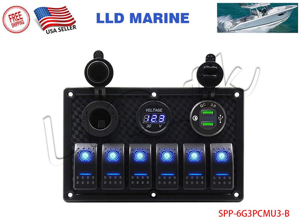 6 Gang Blue LED Waterproof Rocker Switch Panel Breakers Car Marine Boat RV 12V