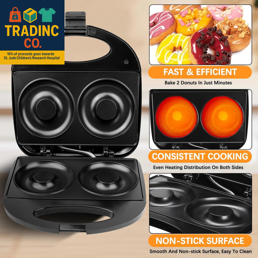 Donut Maker,Doughnut Machine,Bake 2 Donuts,Double-Sided Heating, Non-Stick Surfa