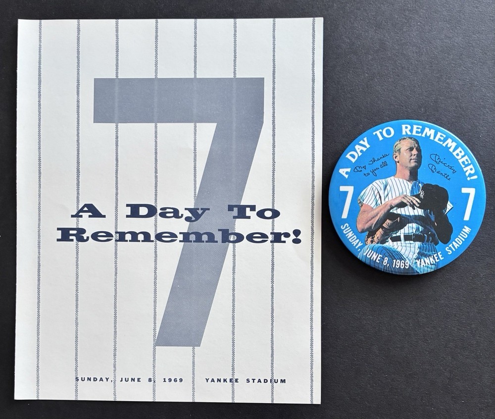 MICKEY MANTLE 1969 "A DAY TO REMEMBER"  OFFICIAL PROGRAM AND 4" DIA. PIN