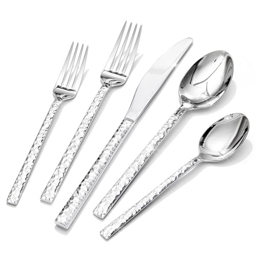 20 Piece Hammeredware Set, 18/10 Stainless Steel Flatware Set 20-Piece Silver