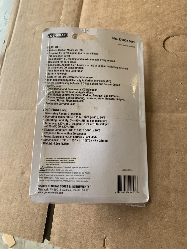 General Tools DCO1001 Carbon Monoxide Detector Meter - New