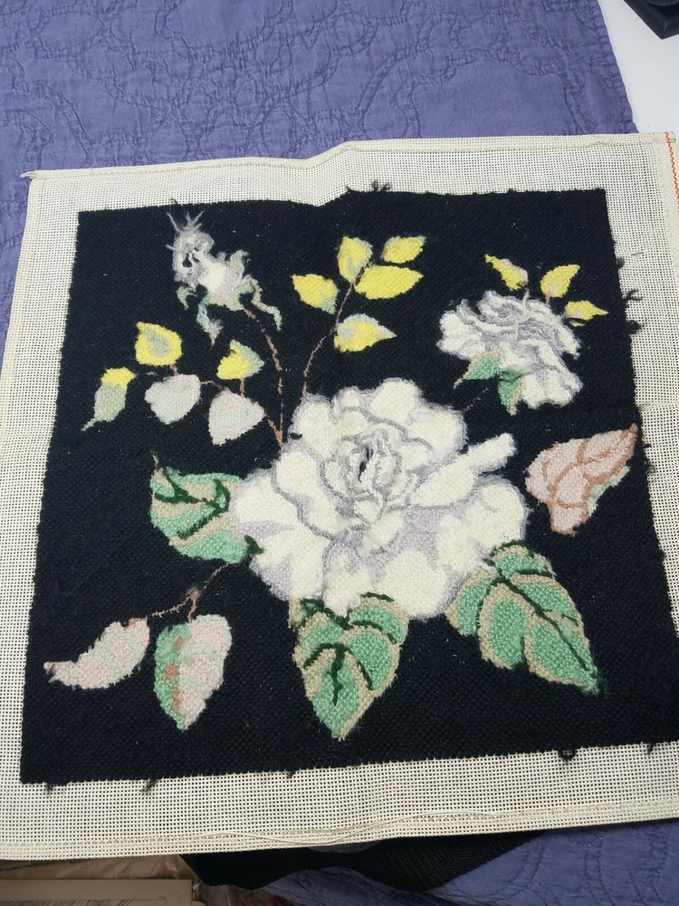 Partial Finished Vintage Needlepoint Panel White Roses Leaves 17.5" square