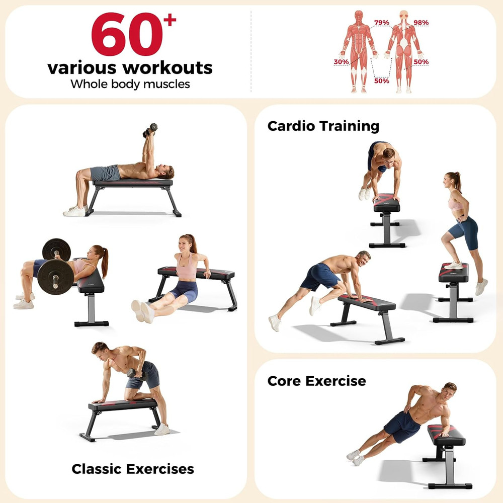 Foldable Flat Weight Bench for Home Gym, Sturdy Strength Training Workout Bench,