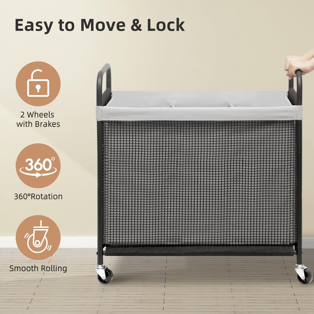 STORAGE MANIAC 3-Section Rolling Laundry Hamper w/ Wheels, Sorter 120L