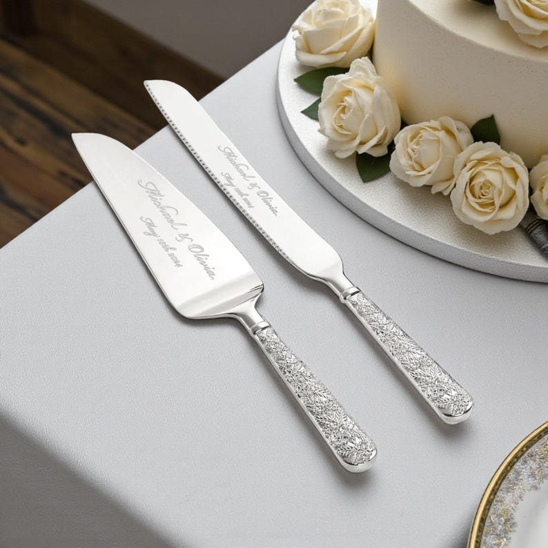 Personalized Wedding CAKE CUTTING SET Gold Silver Serving Cutter Knife Server Mi