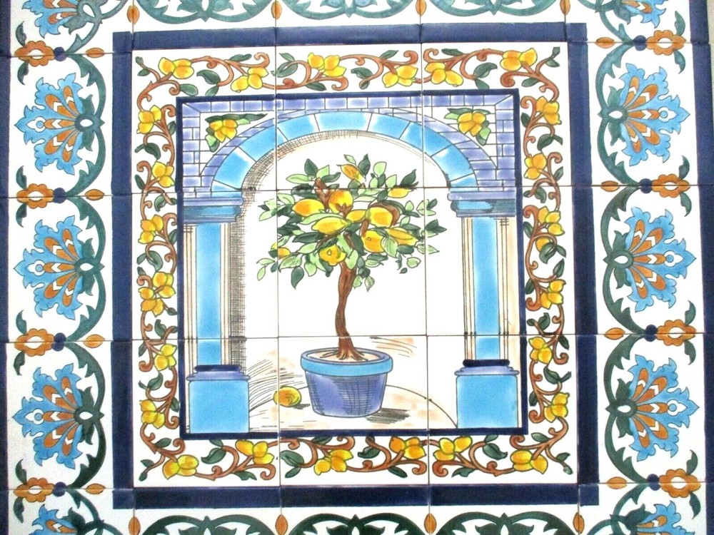 30" x 30" Hand painted Ceramic tile art panel Mosaic mural Backsplash Lemon Tree