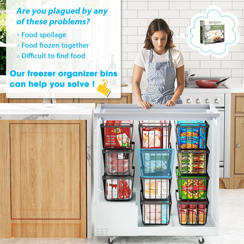 Freezer Organizer with Handles, 4 Pack Stackable Storage Bins, Black