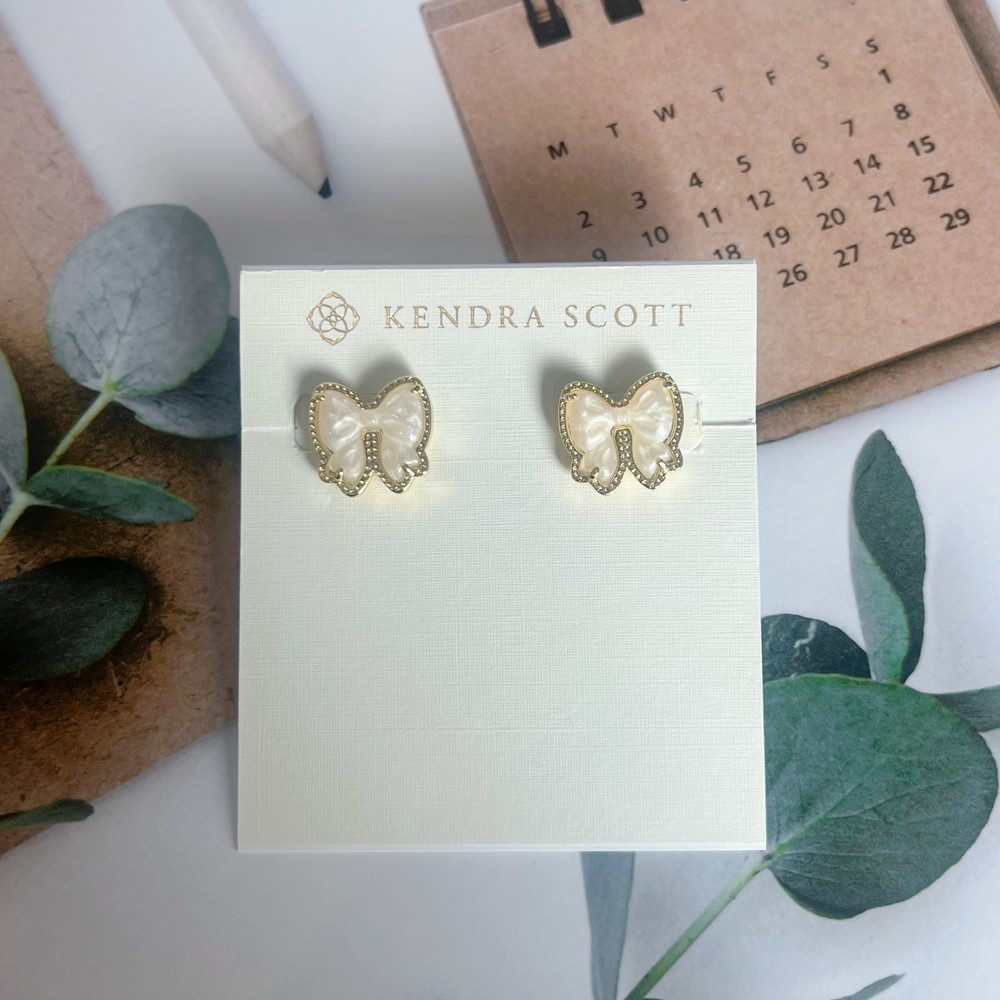 Kendra Scott Haley Bow Gold Stud Earrings-Ivory