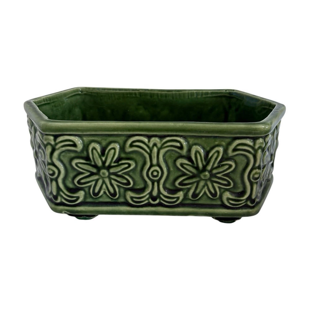Vintage American Bisque Green Footed Rectangular Planter Floral Scroll 8.75 in