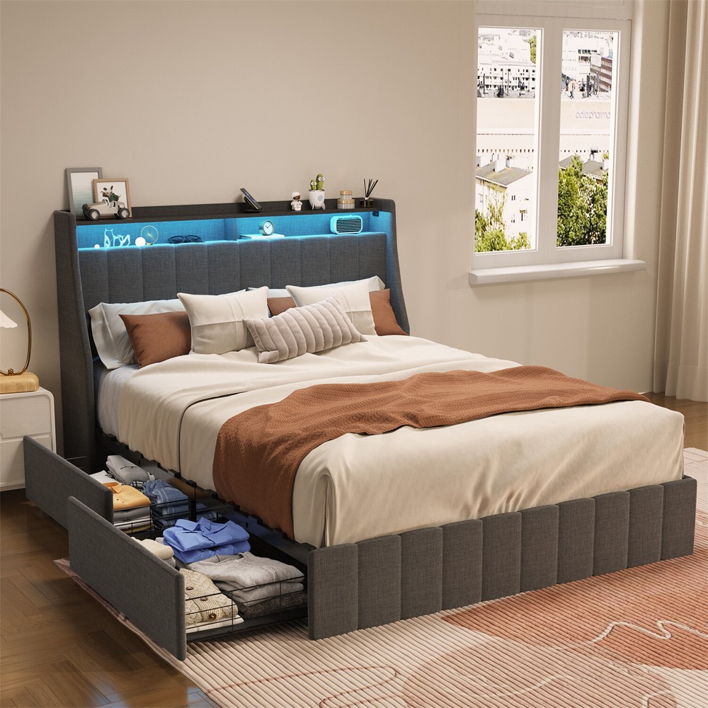 Queen Size Bed Frame Upholstered Platform Bed w/ LED Lights Headboard & 4 Drawer