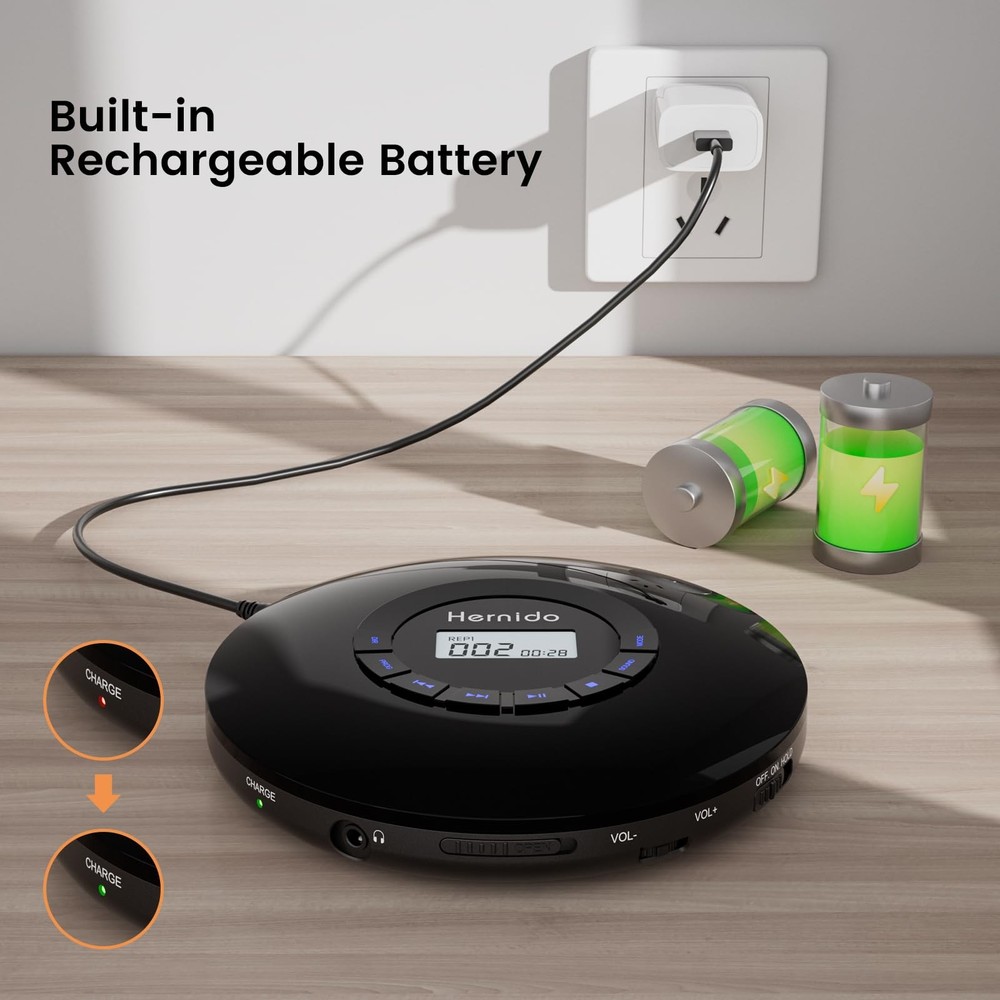 Portable CD Player with Headphone, Rechargeable CD Player for car, Compact CD...