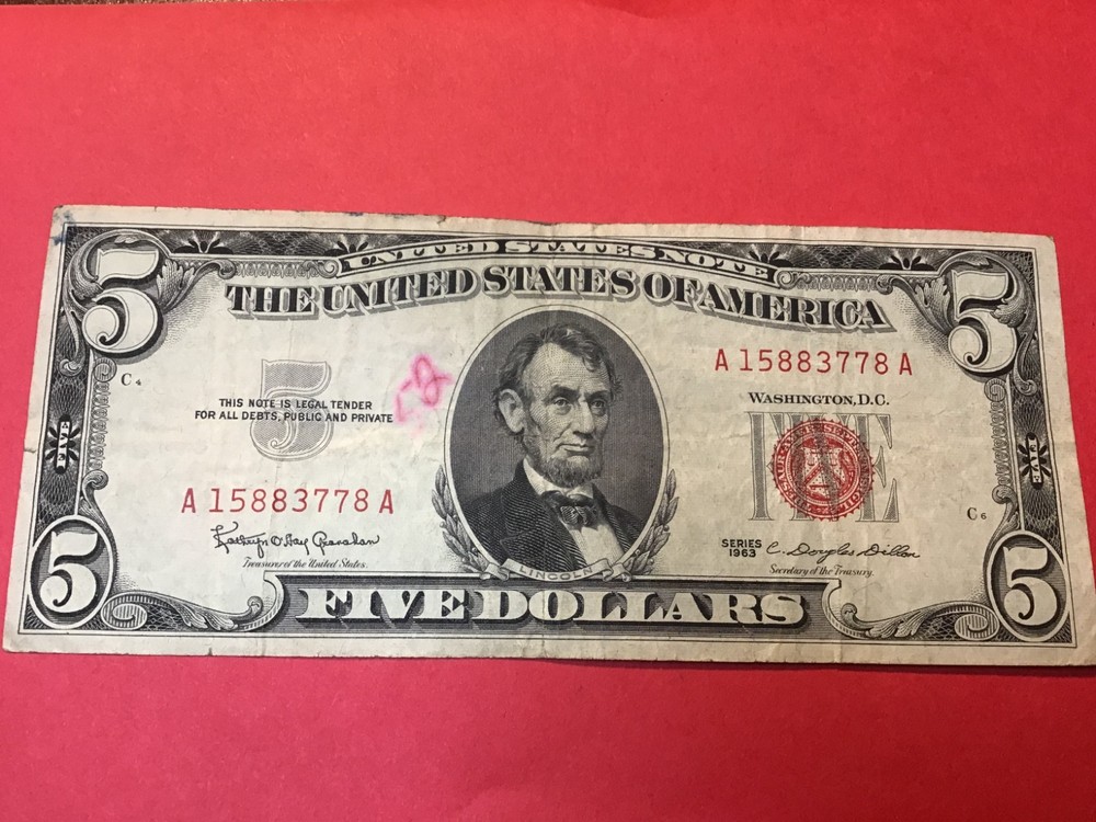1963 Five Dollar Red Seal $5 Red Seal Note US, 1 Note
