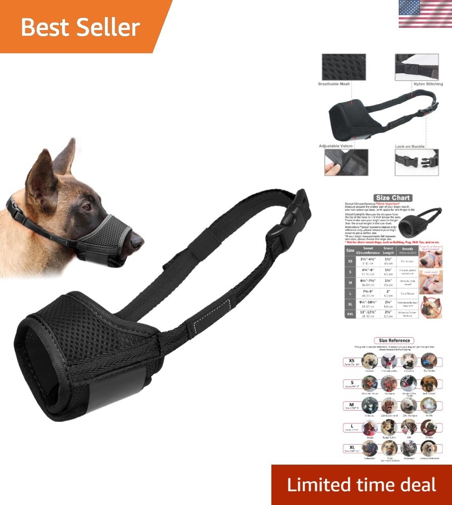 Humane Dog Muzzle for Large Breeds - Breathable Mesh, Adjustable Strap, Black, L