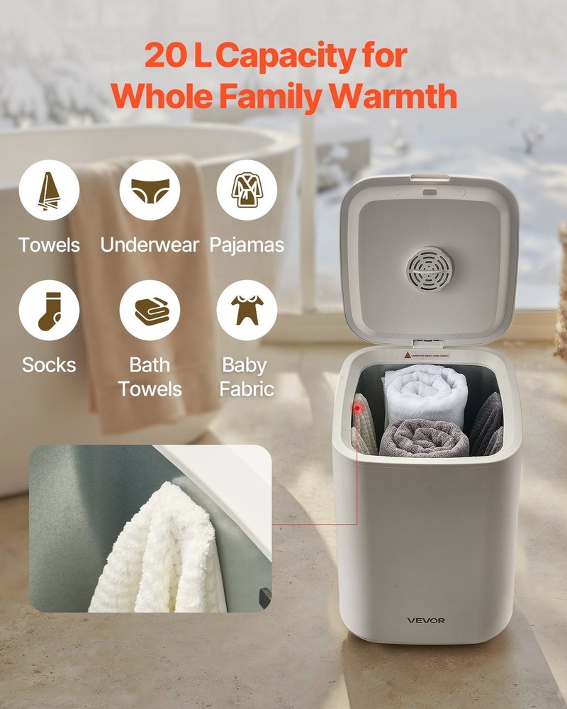 20L Heated Towel Warmer with LED Timer & Temp Control, 4 Hooks, White