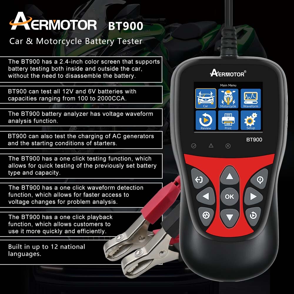 AERMOTOR BT900 Digital Battery Analyzer 6/12V Battery Load Tester 100~2000CCA