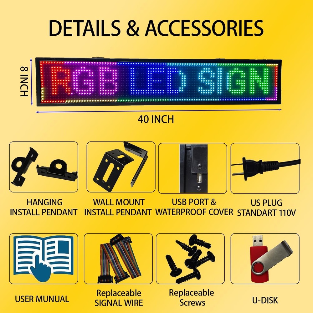 P10 Programmable Scrolling LED SIGN 40"×8" LED Display, High Brightness & I