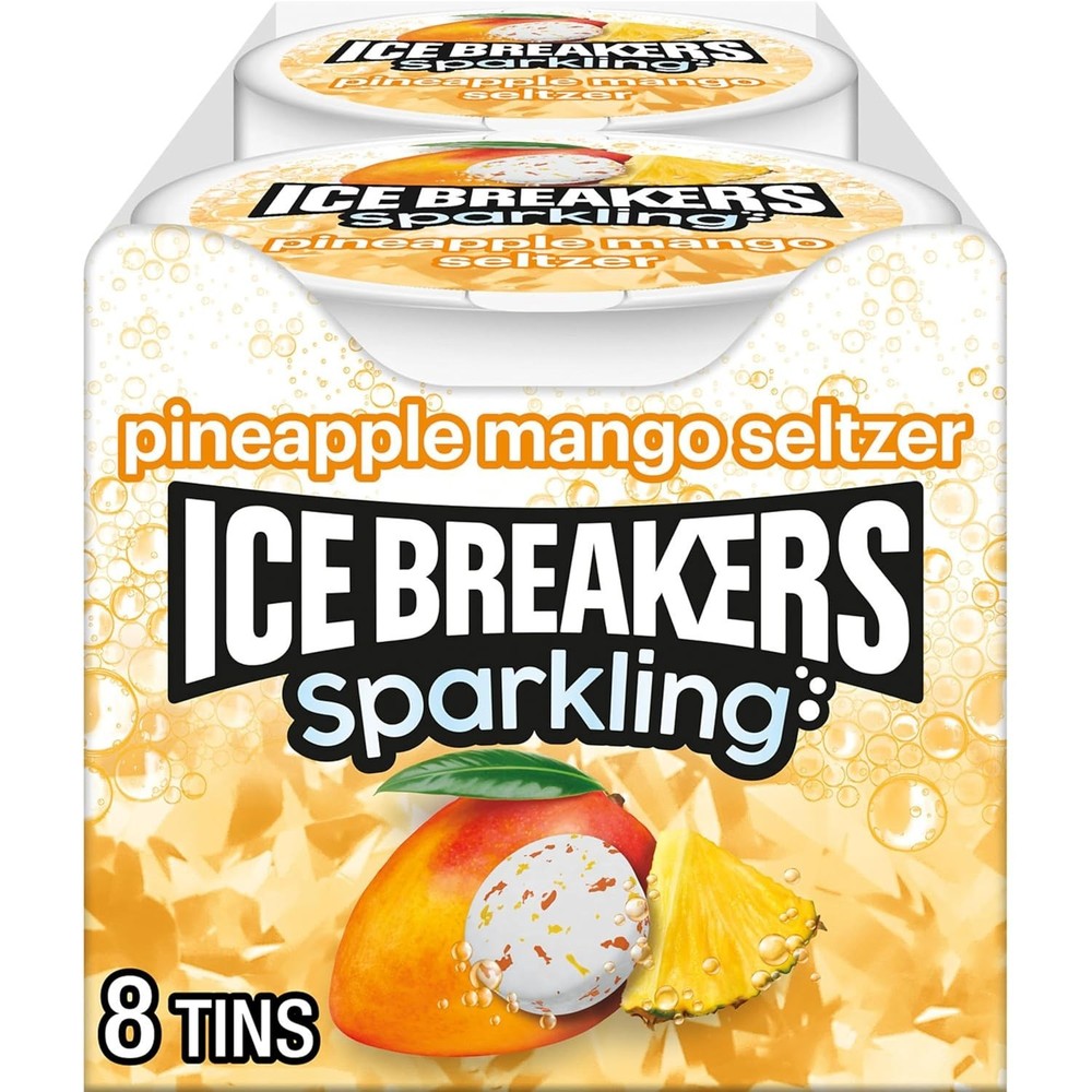 ICE BREAKERS Sparkling Pineapple Mango Seltzer Sugar Free Mints Tins 8 CountICE