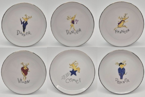 🔥 6 pc Pottery Barn REINDEER 4" Coaster Set Dasher Dancer Comet Vixen Prancer