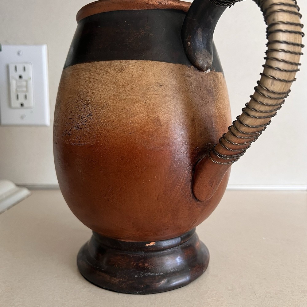 Pottery Pitcher Jug Wire Handle Orange Brown Crackle Finish