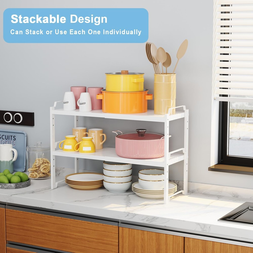2 Pack Expandable Kitchen Cabinet Shelves Organizers, Stackable Adjustable Sm...