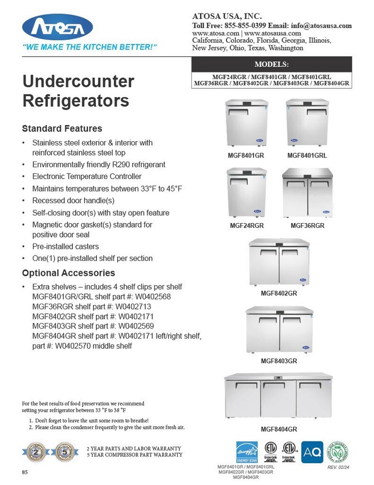 Atosa MGF8415GR, 2-DRAWER UNDER COUNTER REFRIGERATOR