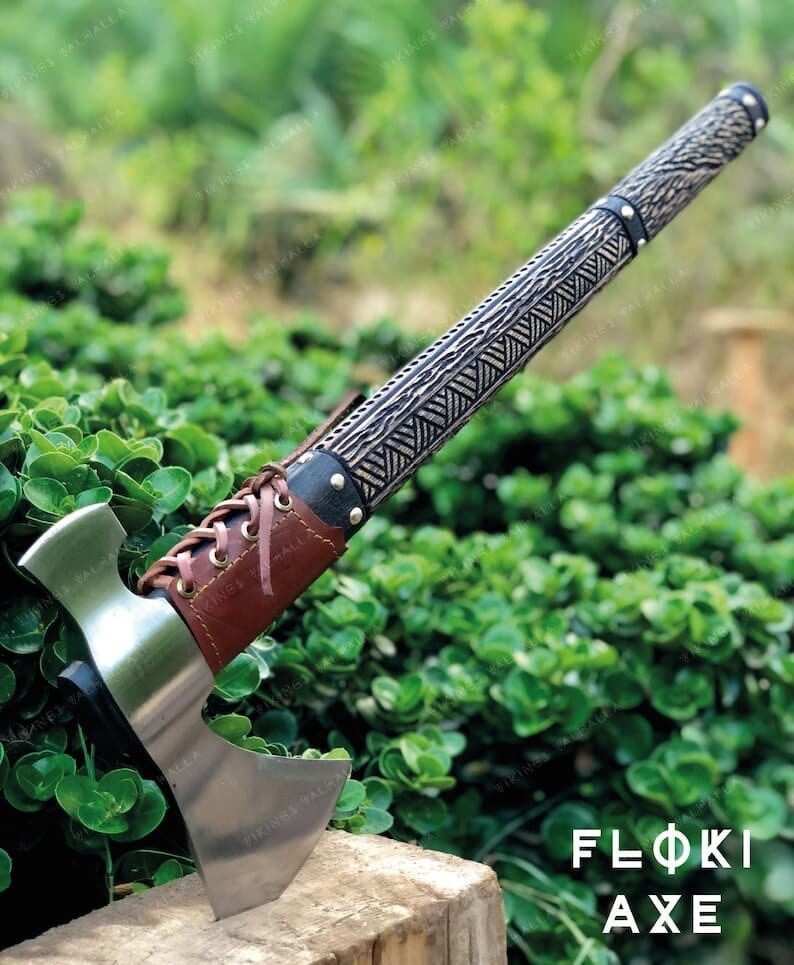 Handmade Carbon Steel Axe Unique Design Engraved Handle Leather On Handle
