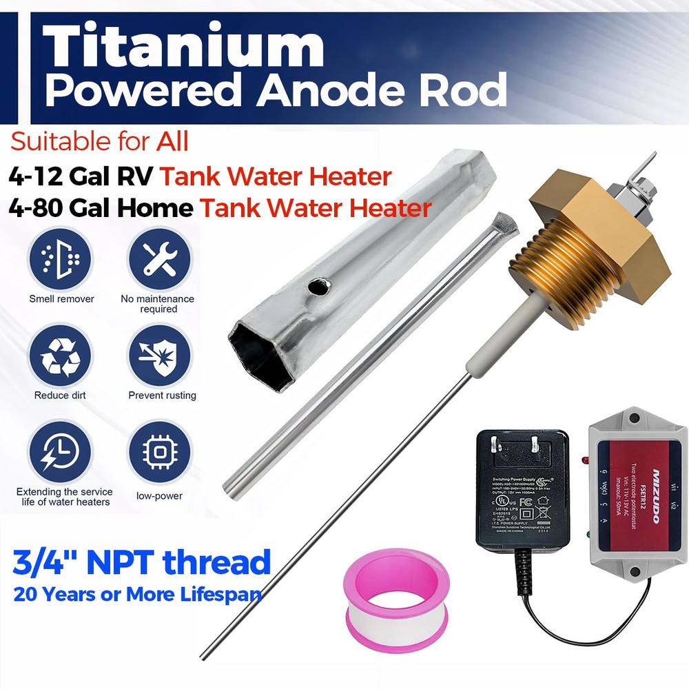 Powered Anode Rod for All RV / Home Water Heater - Stops Rotten Egg Smell