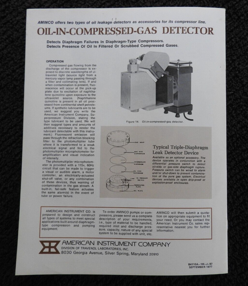 1977 Aminco Diaphragm-Type Compressor Sales Brochure Silver Spring MD