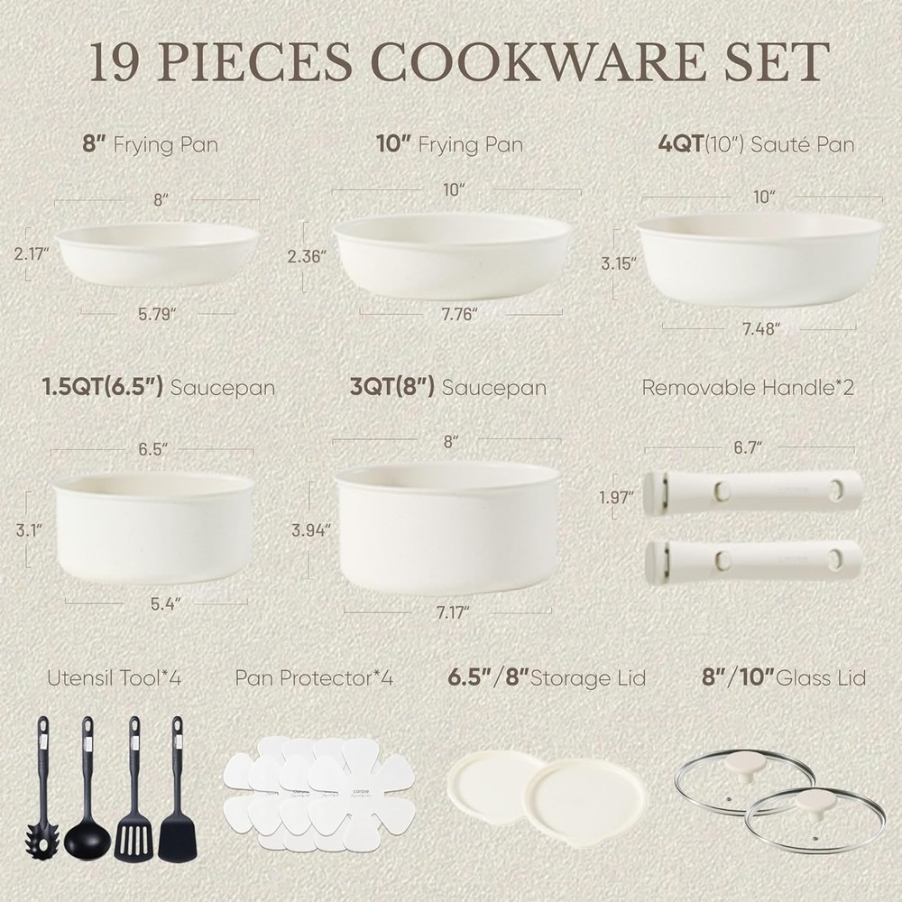 Versatile 19 Piece Cookware Set, Nonstick, Removable Handle