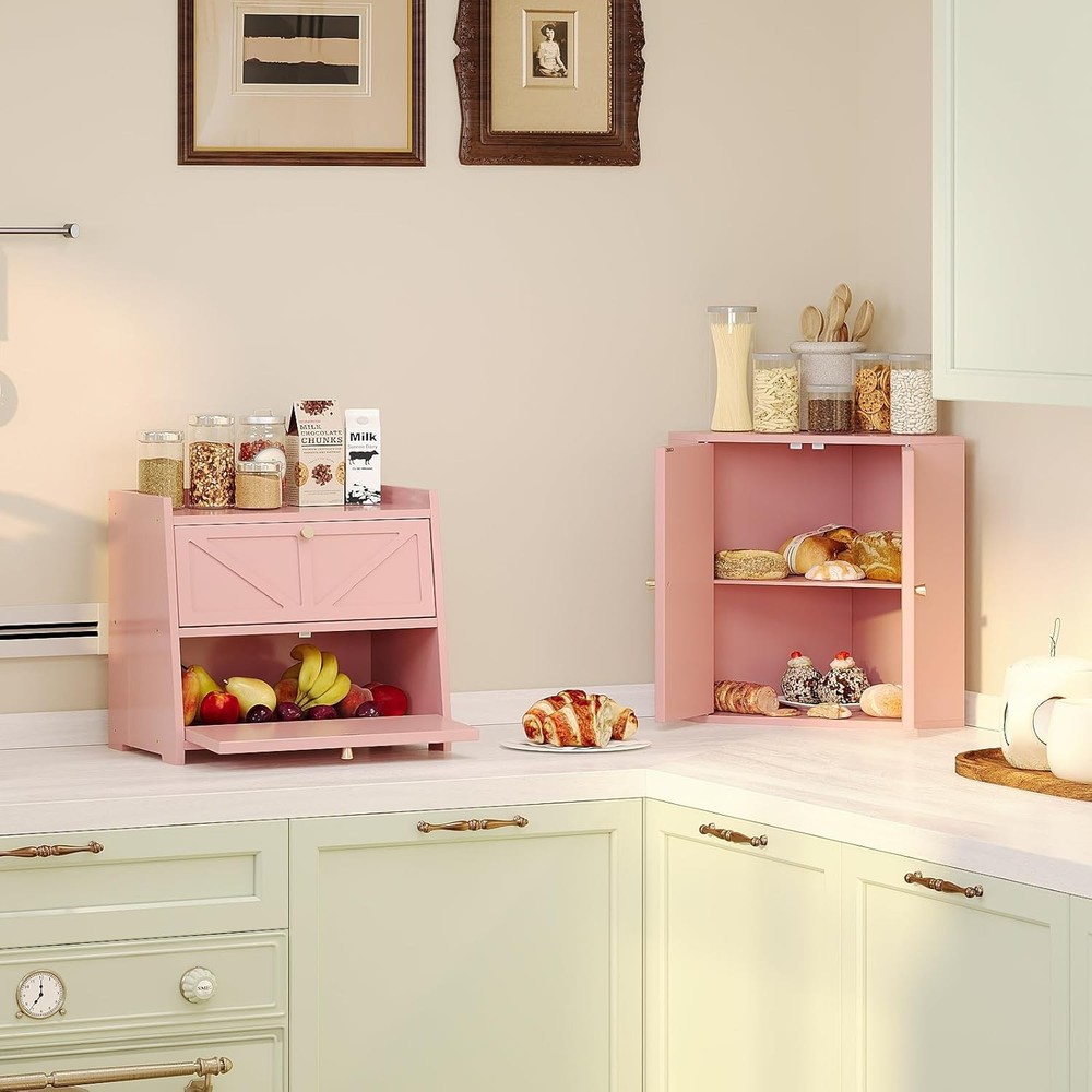 Retro double-layer bread box, suitable for kitchen countertops (pink)