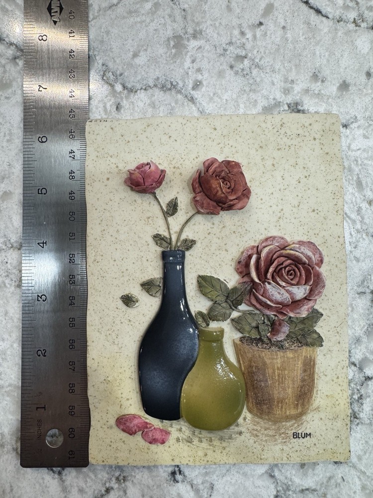 Blum Ceramic Raised Relief Floral Art Tile Rectangular Wall Decor 8x6in